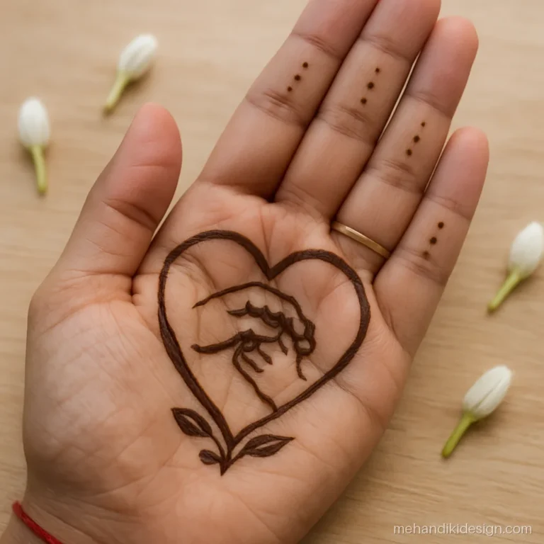 Baby shower mehandi with a big hand holding a tiny baby hand inside a heart