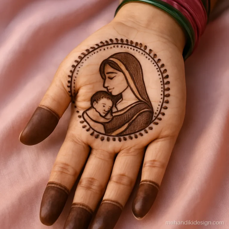 Baby shower mehandi design with a mother cradling a baby outlined on the palm