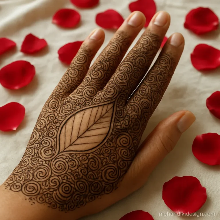 Negative space new mehandi with a big leaf shape left bare on back hand
