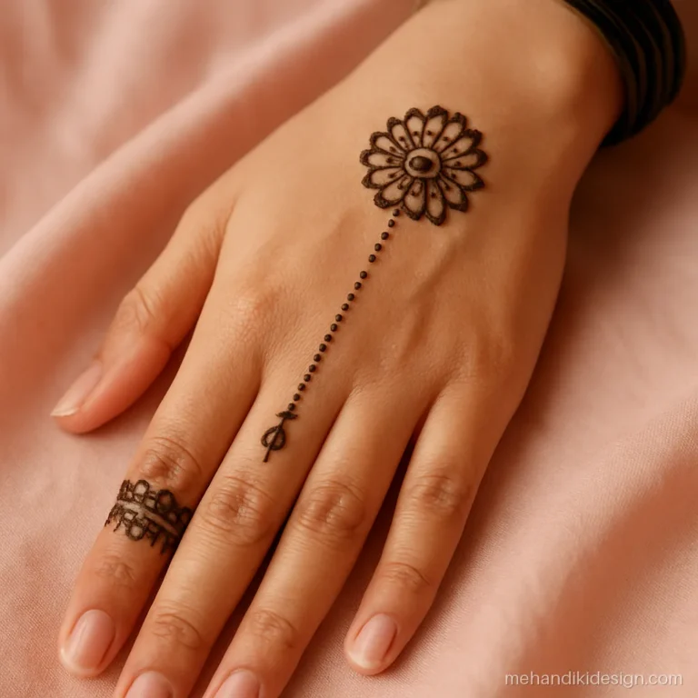 New back hand mehandi with a wrist band and a ring chain to the finger