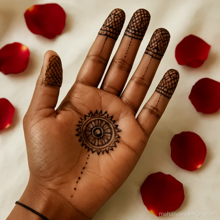 New design mehandi with small mandala on palm and matching finger caps