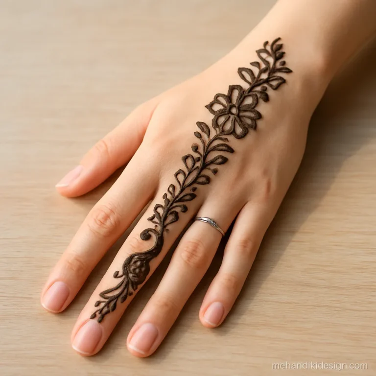 New mehandi with Arabic trail ending in a small peacock on the wrist