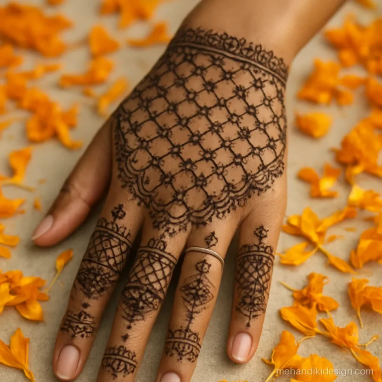 New mehandi on back hand in a lace glove style with fine net