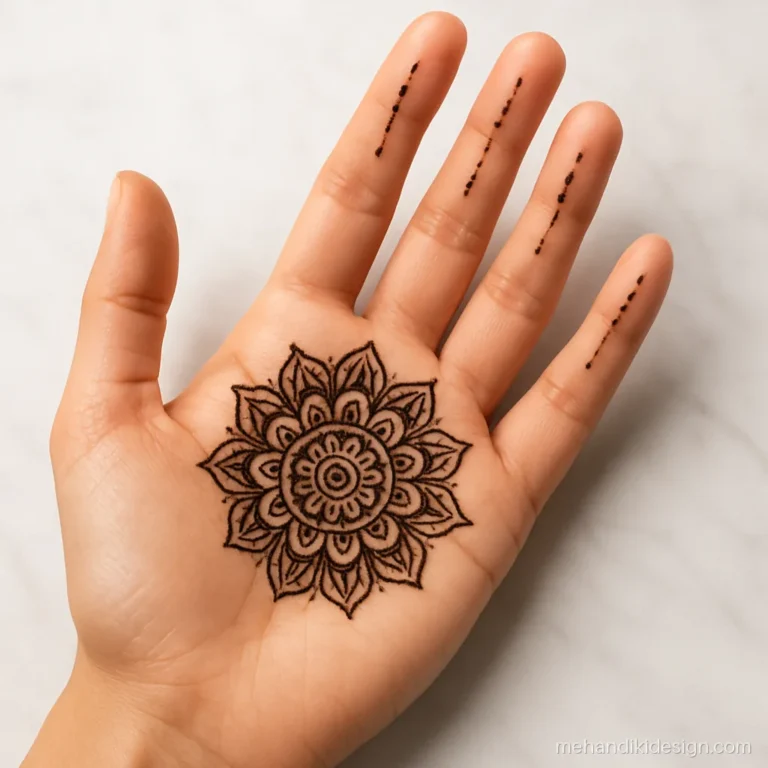 New mehandi design for front hand with a lotus mandala in the centre of the palm