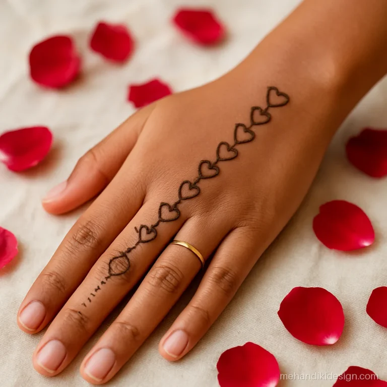 New mehandi design for girls with a chain of hearts on the back hand