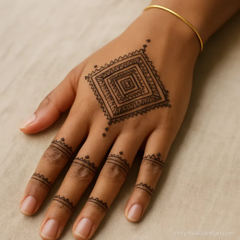 New mehandi designs with a square geometric mandala on the back hand