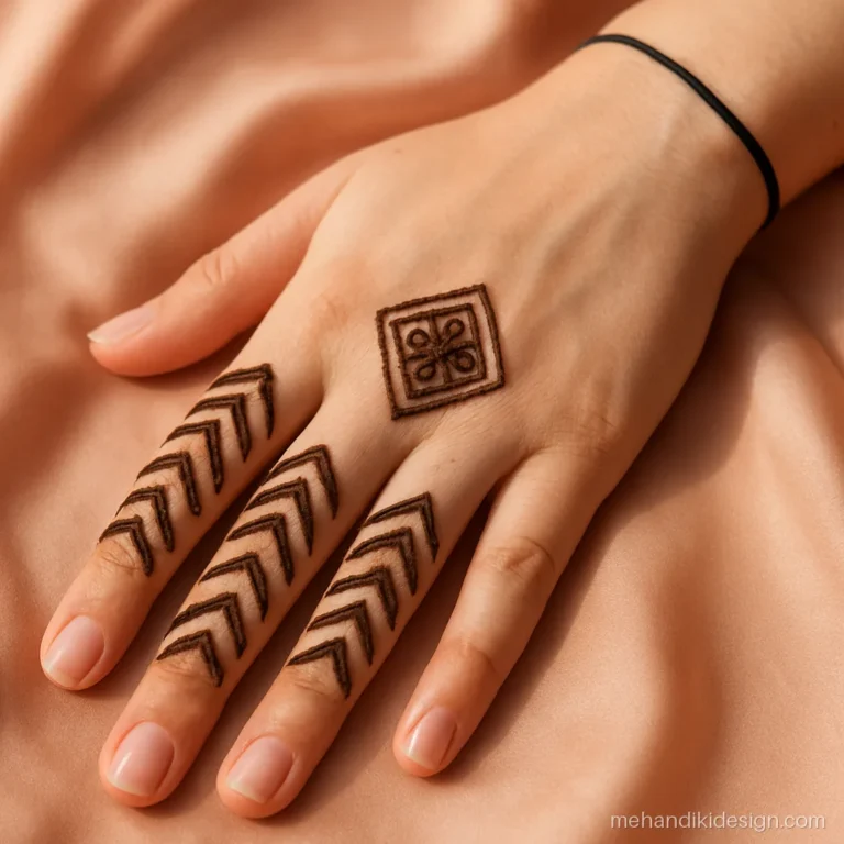 New mehandi ka design with chevron stripes on fingers and a small square
