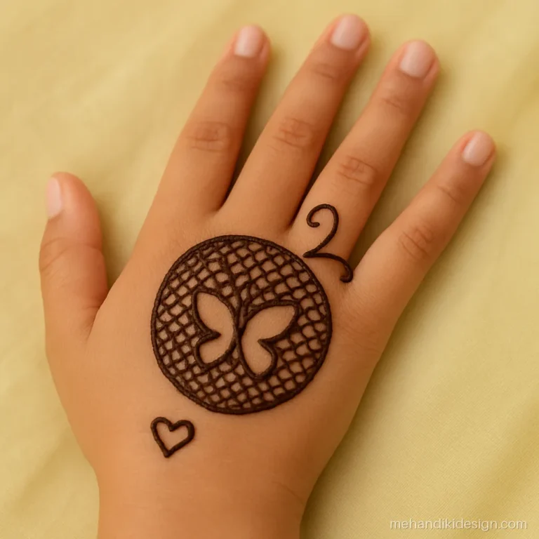 New mehandi ke design with a negative space butterfly on the back hand