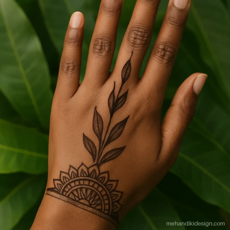 New mehandi ki design with half mandala and Arabic leaves on back hand