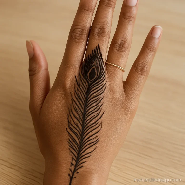 New mehandi ki design with a long peacock feather across the front hand