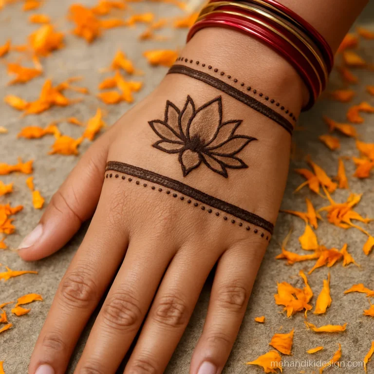 New mehandi with negative space band on wrist and lotus showing as skin