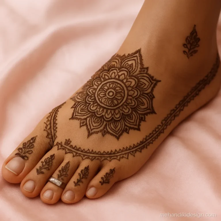 New pairon ki mehandi for brides with a sole edge border and dense mandala