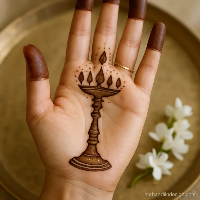 Mehandi design for onam with a tall nilavilakku lamp and flames in the palm