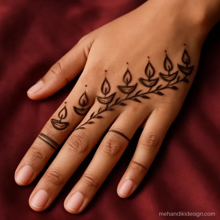 Mehandi design for navratri with nine small diyas in a curved row across the back hand