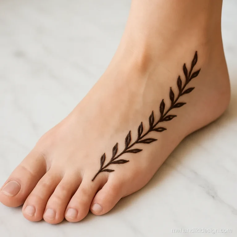 Pair ka mehandi design simple with a leaf bel along the outer edge of the foot