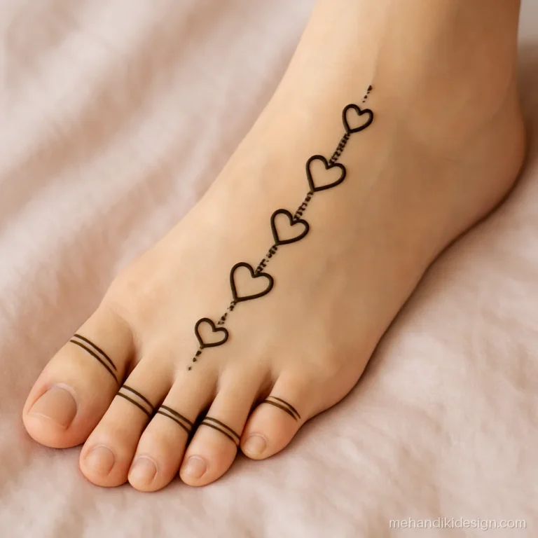 Pair ka mehandi design with a small heart chain and dotted toe lines