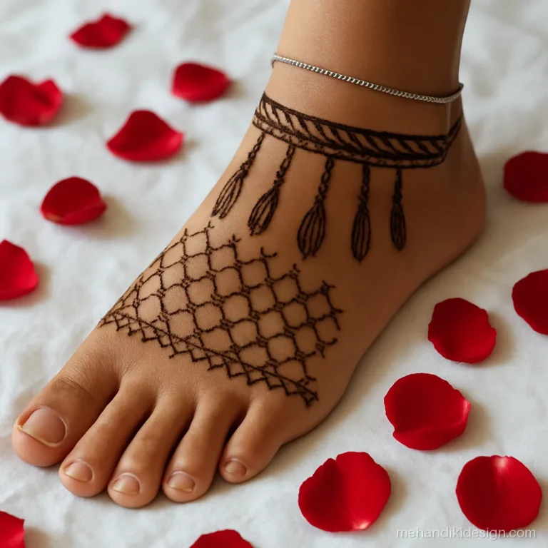 Pair ka mehandi ka design with a tassel payal and a dotted net