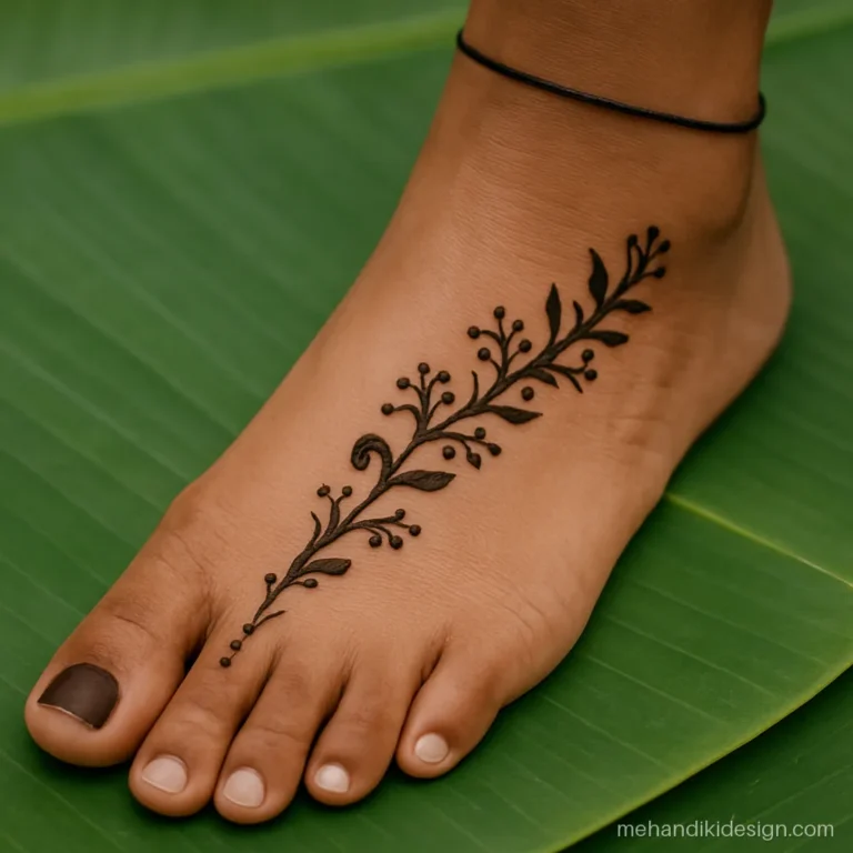 Pair ki mehandi design with a diagonal vine from big toe to ankle