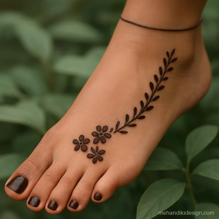 Pair mehandi design with a flower cluster near the toes and a long stem