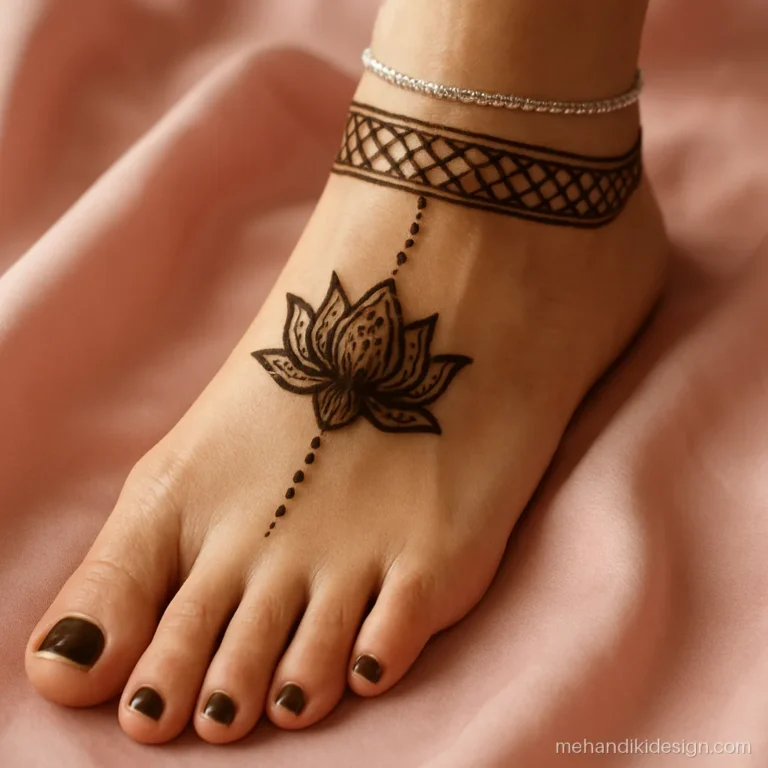 Pairon ki mehandi ke design with two payal bands and a lotus