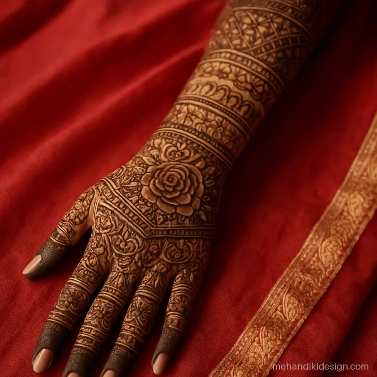 Pakistani bridal mehandi design with jaal and florals up to the elbow