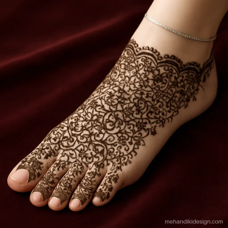 Pakistani bridal mehandi design on feet with dense jaal to the ankle