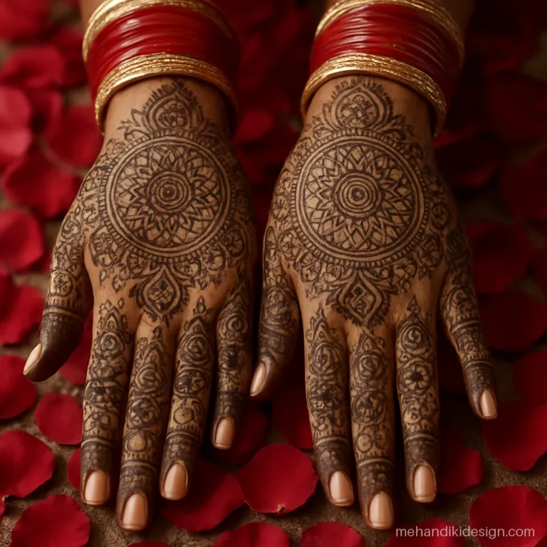 Pakistani bridal mehandi on both hands with mirror image patterns