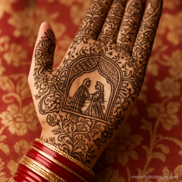 Pakistani bridal mehandi with a domed arch and tiny figures in the palm