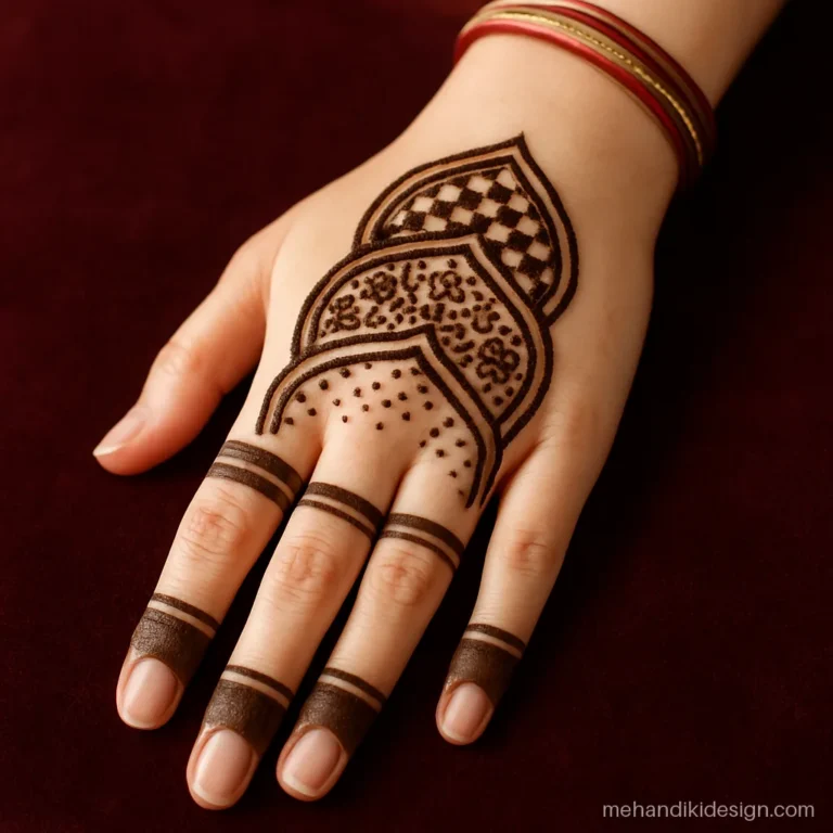 Pakistani mehandi design with bold arch blocks filled with fine patterns