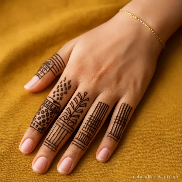 Pakistani mehndi with bold columns on each finger and wrist cuff
