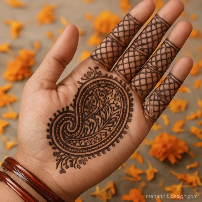 Pakistani mehandi with a large bold paisley frame filled with swirls