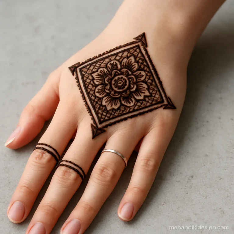Pakistani mehandi design with a bold square mandala on the back hand
