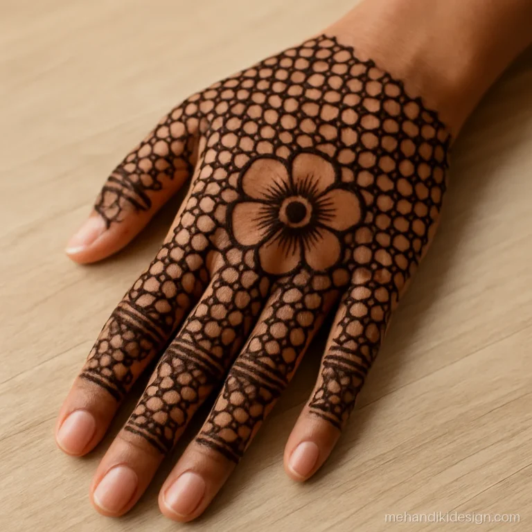 Pakistani mehandi design with circle jaal on fingers and plain palm centre