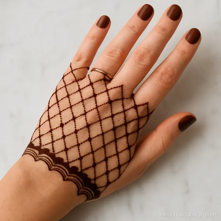 Pakistani mehandi design with a fine diamond jaal across the back hand