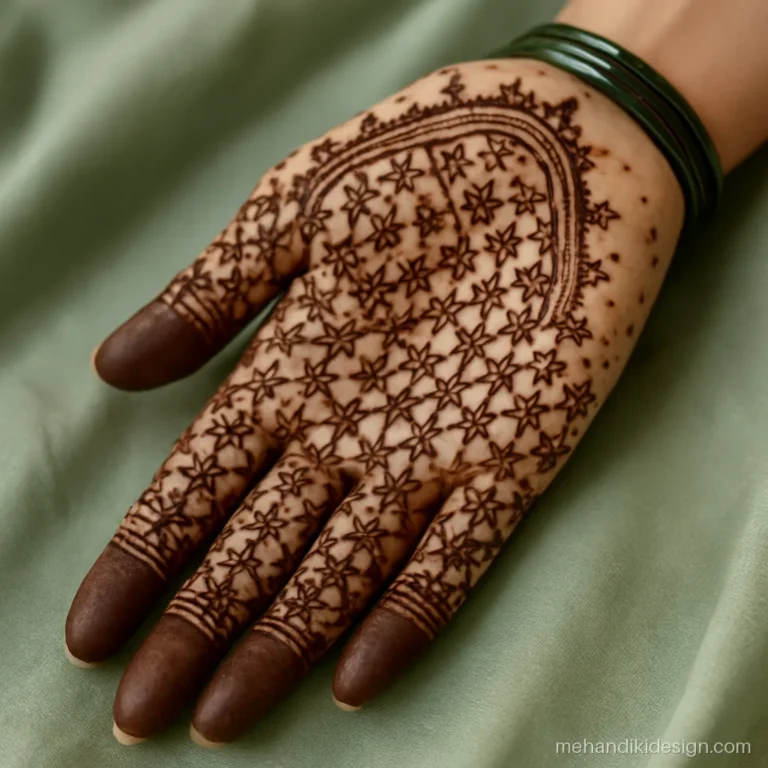 Pakistani mehandi with a floral jaal of tiny flowers on the palm
