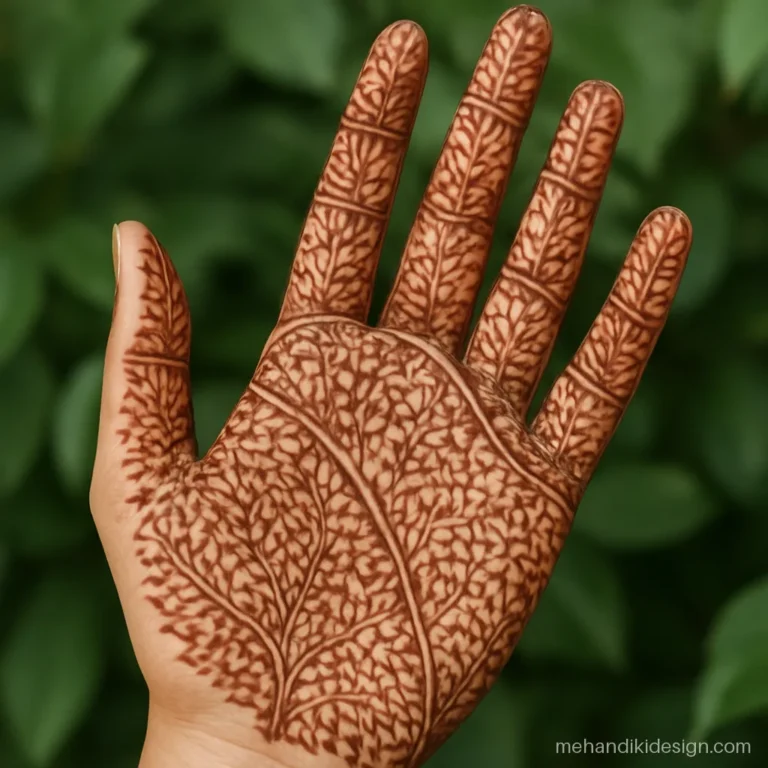 Pakistani mehandi design with a dense leaf mosaic over the whole palm