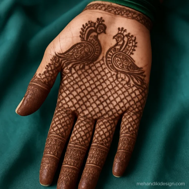 Pakistani mehandi with peacocks and a lattice filling the whole palm