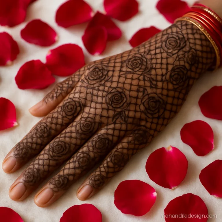 Full hand Pakistani mehandi design with roses on a fine net background
