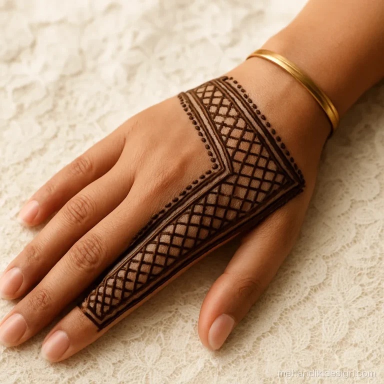 Pakistani mehndi with a diagonal half jaal from little finger to wrist