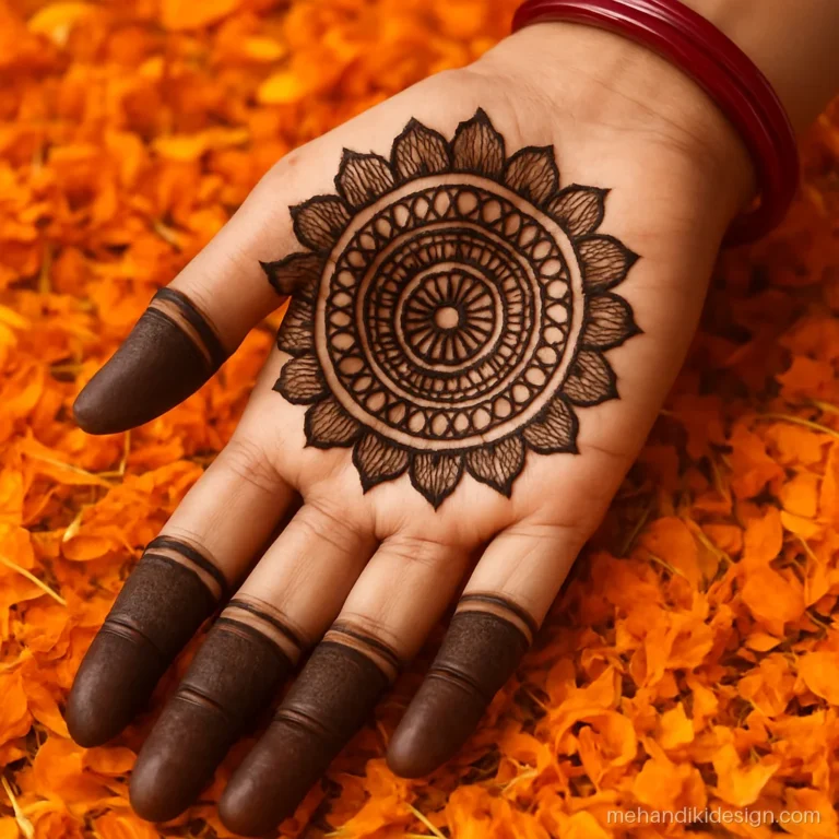 Palm mandala mehandi with alternating rings of checks and petals