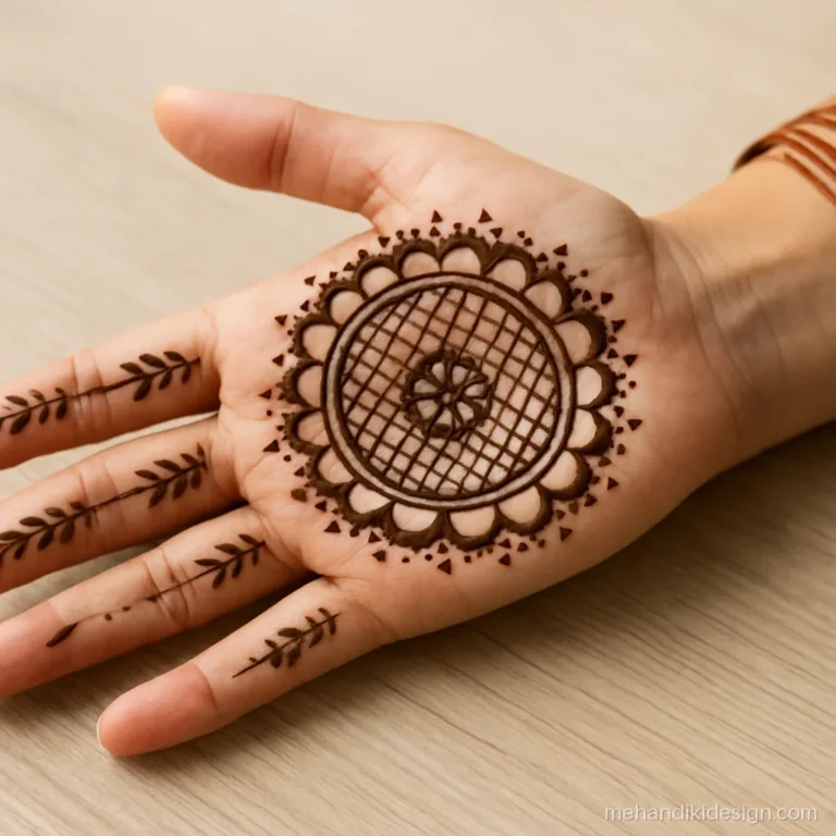 Palm mehandi design with a checks filled mandala and scalloped border