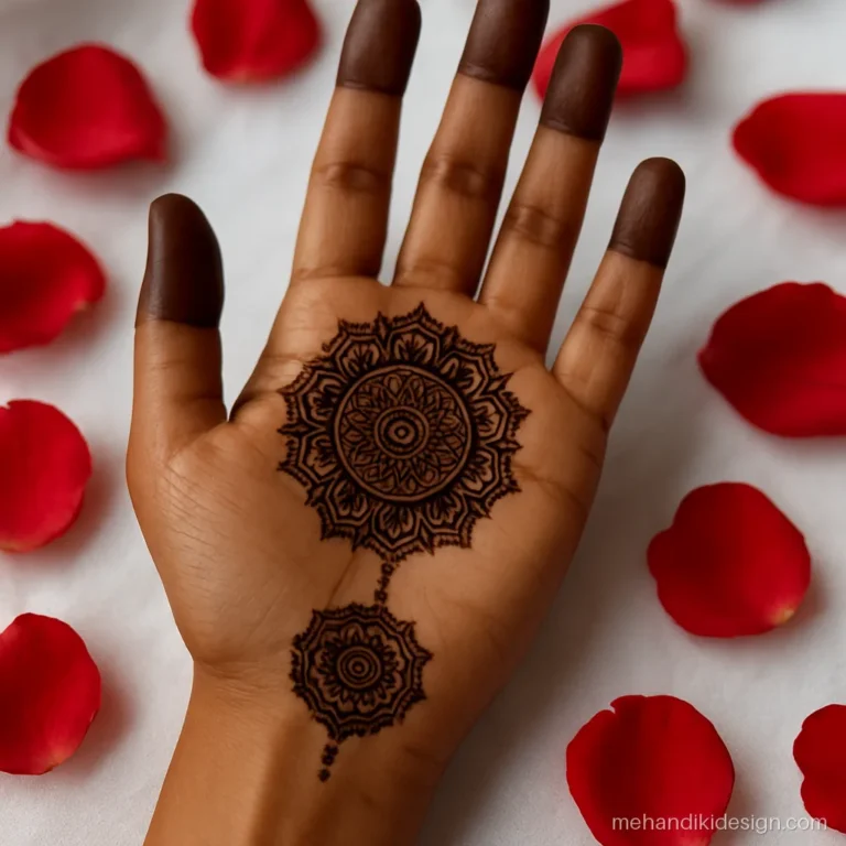 Front hand mehandi design with two stacked mandalas in the palm