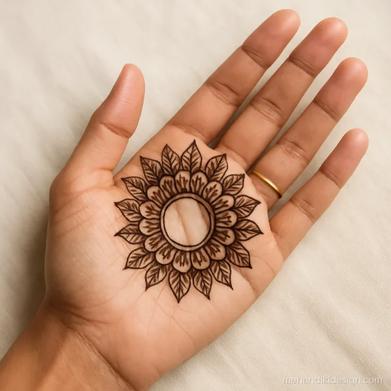 Mehandi front design with a hollow centre mandala and shaded petals