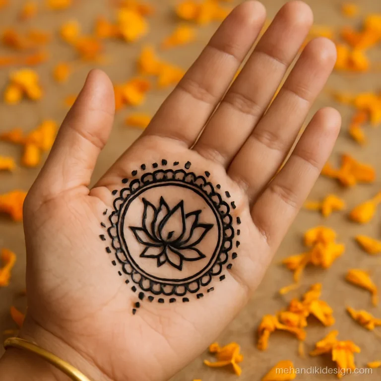 Palm mehandi design with a lotus mandala and three rings of petals