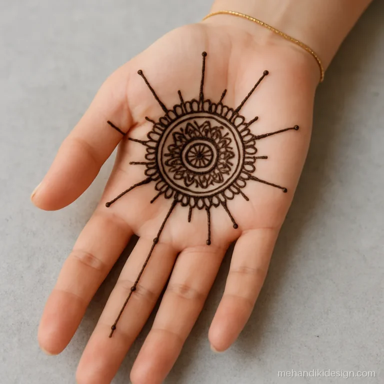Front mehandi design with a sun ray mandala and finger lines