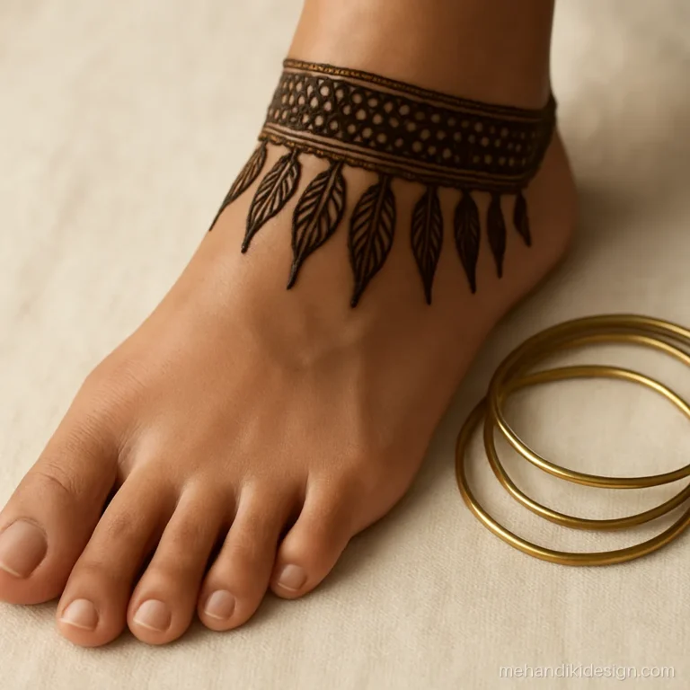 Pair mehandi design with a payal band and a fringe of mango leaves