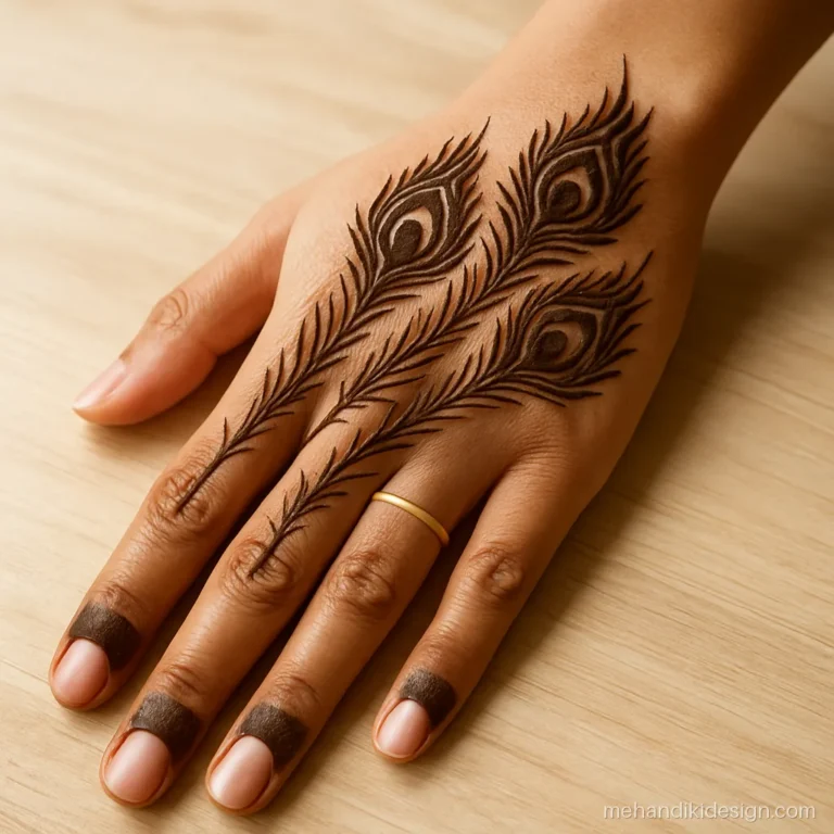 Traditional mehandi with peacock feathers spreading over the back hand