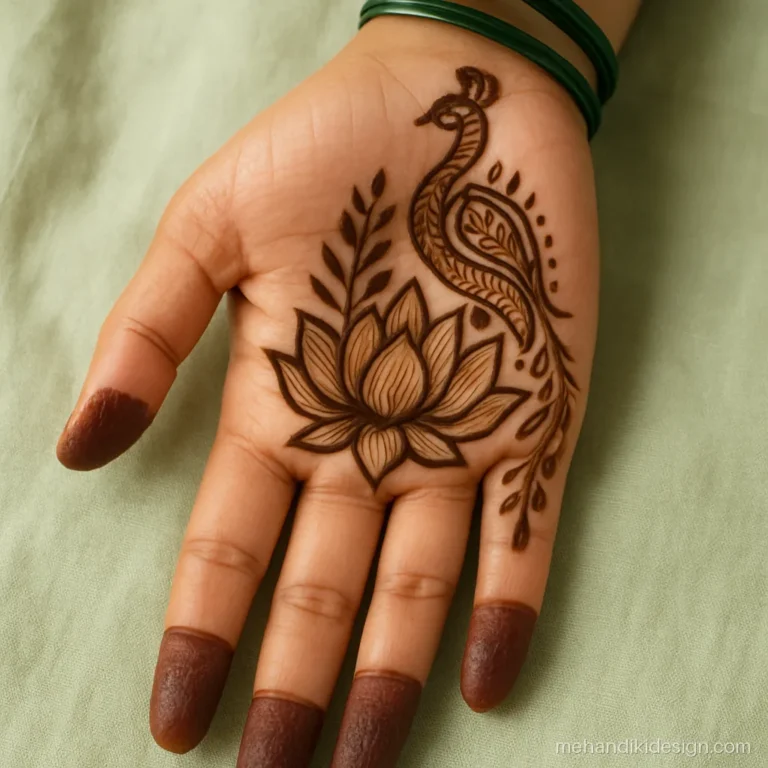 Peacock mehandi design with a mor sitting on a big open lotus