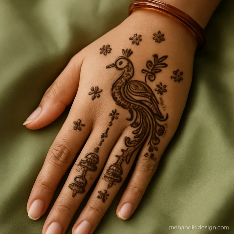 Peacock mehandi on the back hand with jhumka drops hanging from the beak