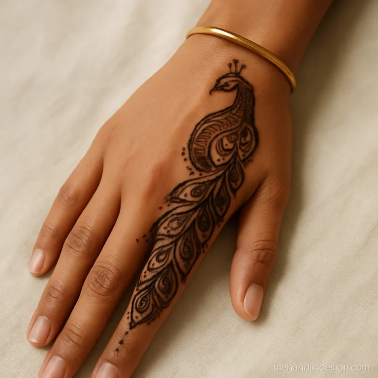 Peacock teej mehandi design on the back hand with a long feathered tail